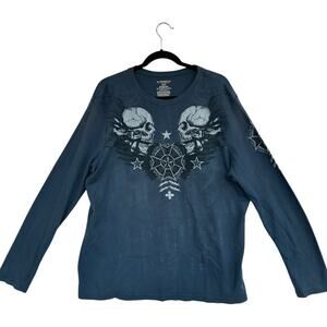 Mens Grunge Graphic Skull Shirt 2X  Thermal Waffle Knit VTG Streetwear Skater